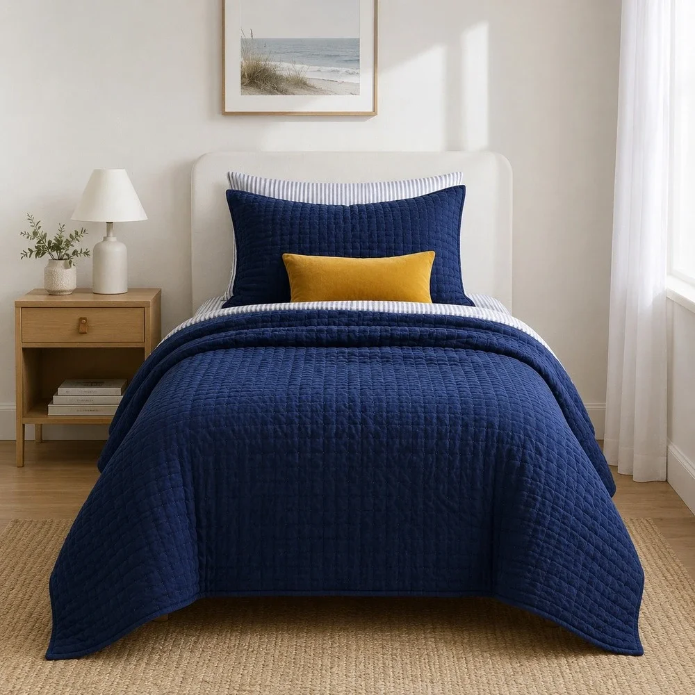 NEW Quince Hand Stitched Linen Cotton Quilt Set Twin Size Navy Blue Bedding 2pc